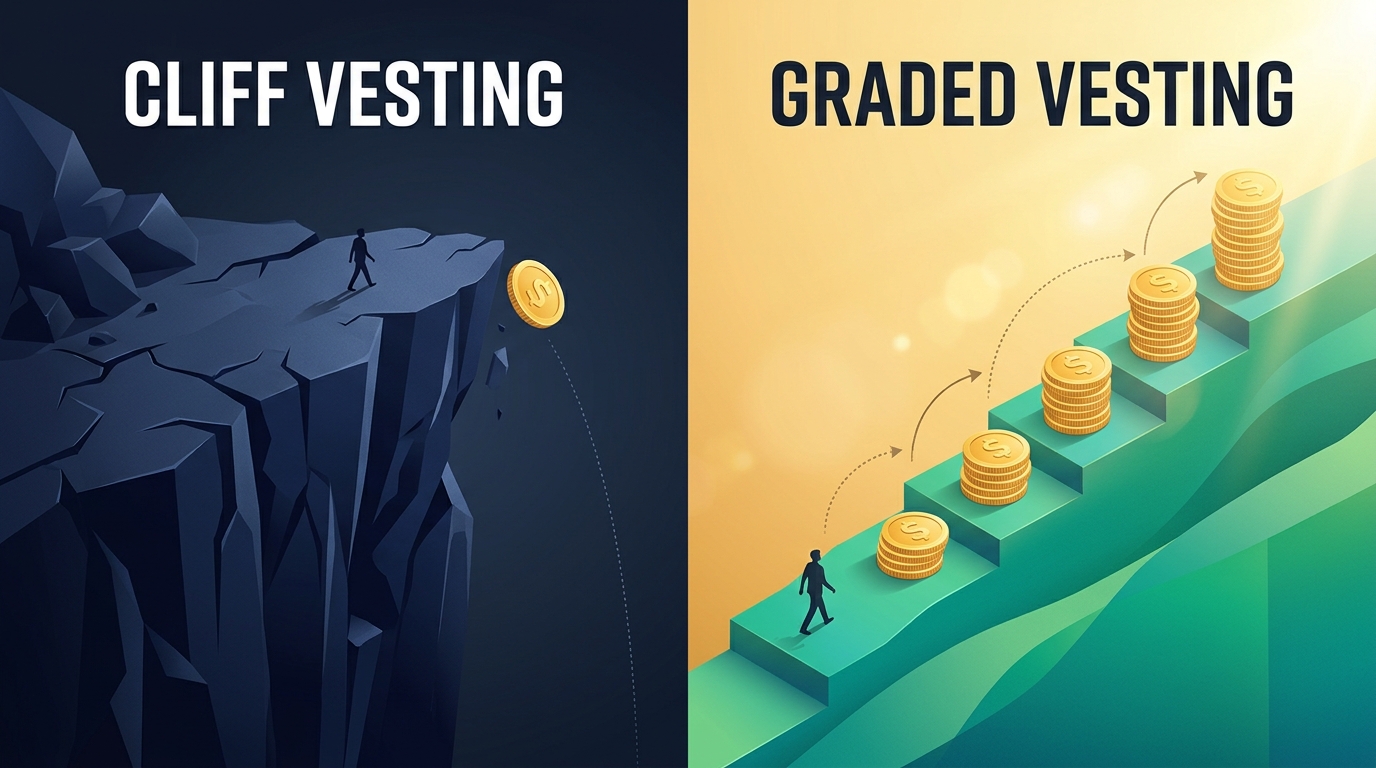 Visual comparison of cliff vesting vs graded vesting in 401k plans showing risk and gradual ownership