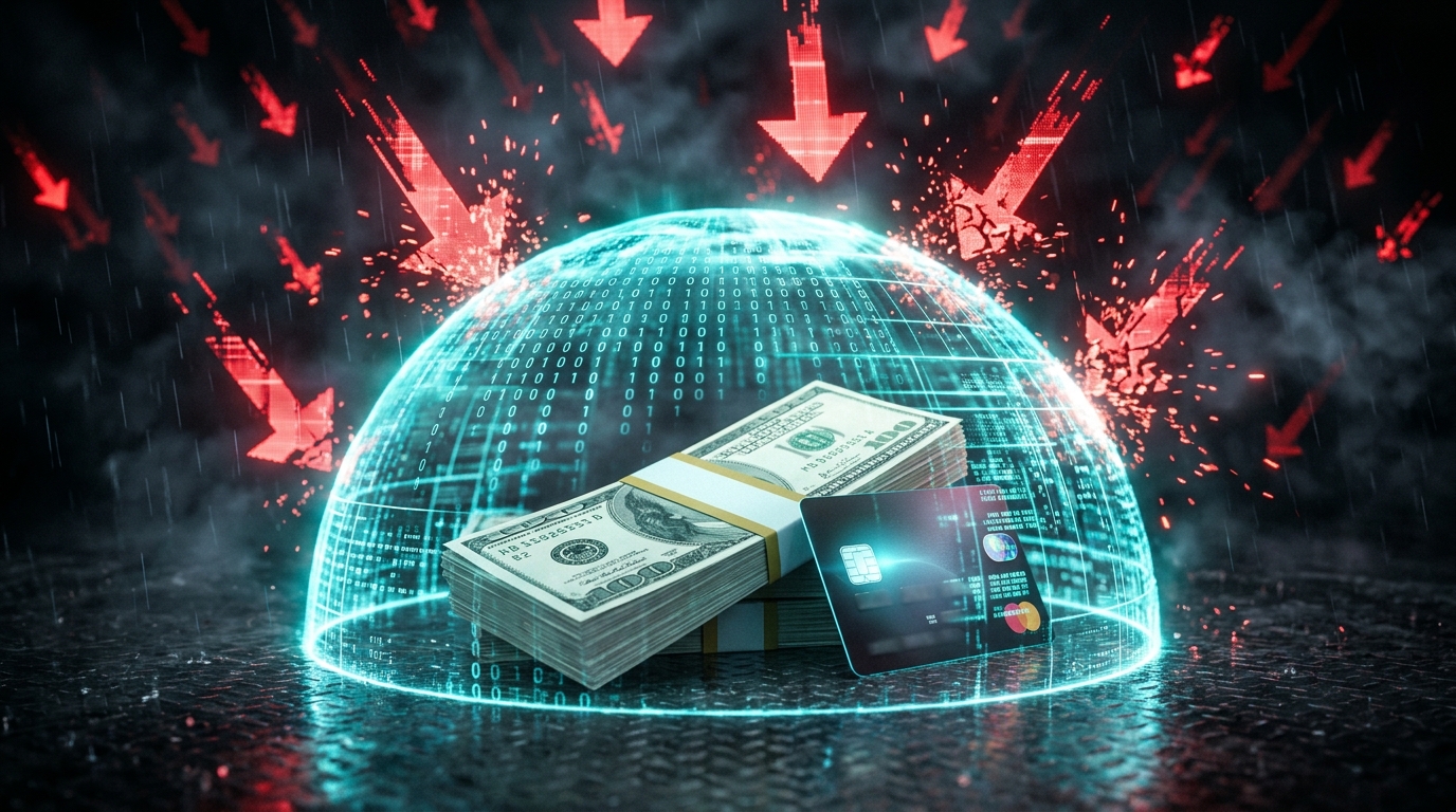 Digital shield protecting credit card from unauthorized transactions, chargeback financial security concept