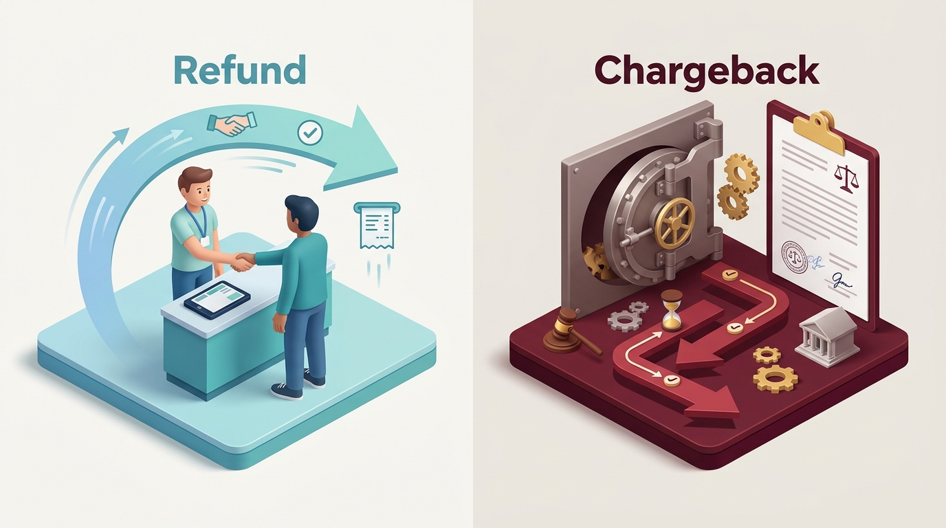 Infographic comparing chargeback process vs voluntary refund, banking dispute resolution steps